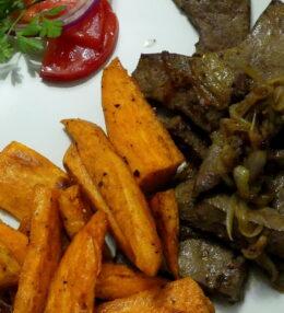 Pork Liver with Onions and Roasted Sweet Potatoes