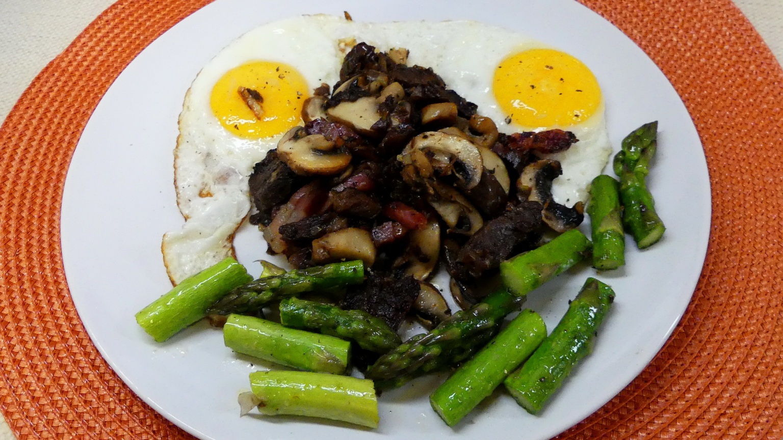 Sunny Side Up Eggs with Mushroom, Bacon, Beef and Asparagus